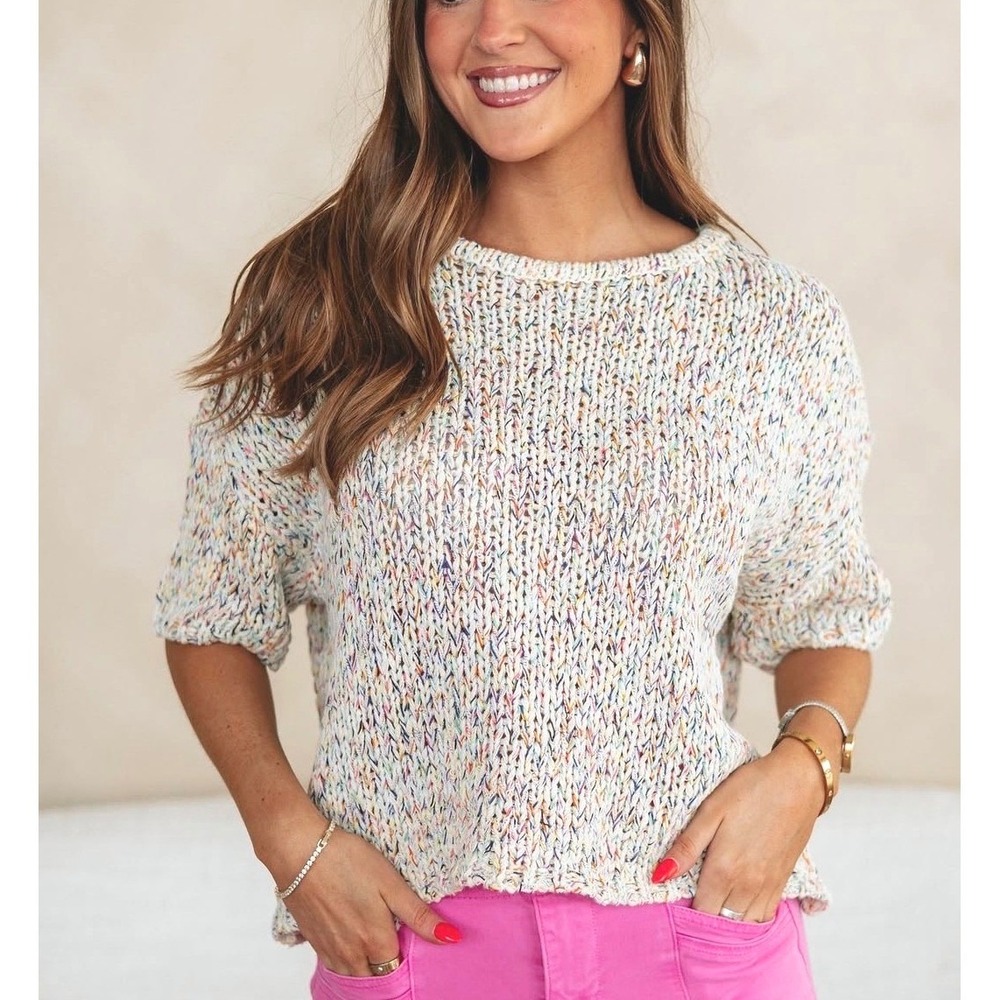 By Together NWT Confetti Knit Short Sleeve Sweater S Cream Multi
